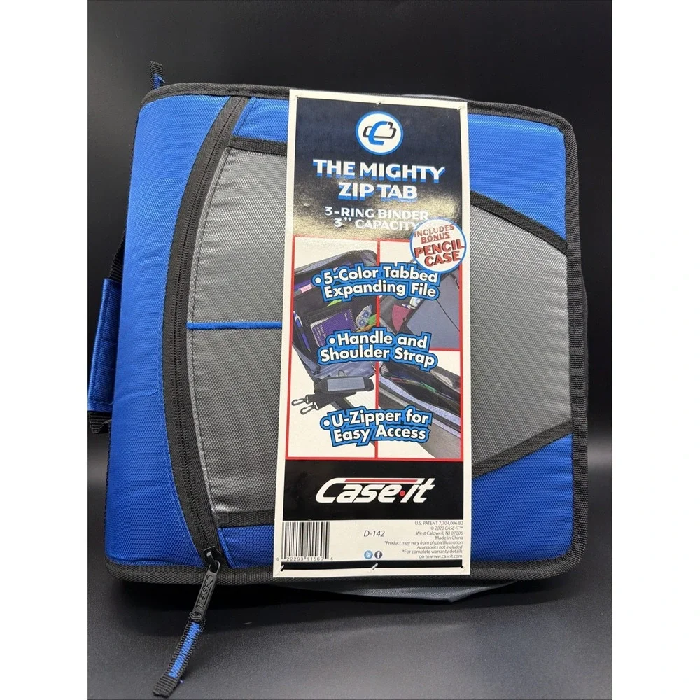 Case•it D-142 Mighty Zip Tab 3-Ring Binder Blue, 5-Color File, Handle, Strap
